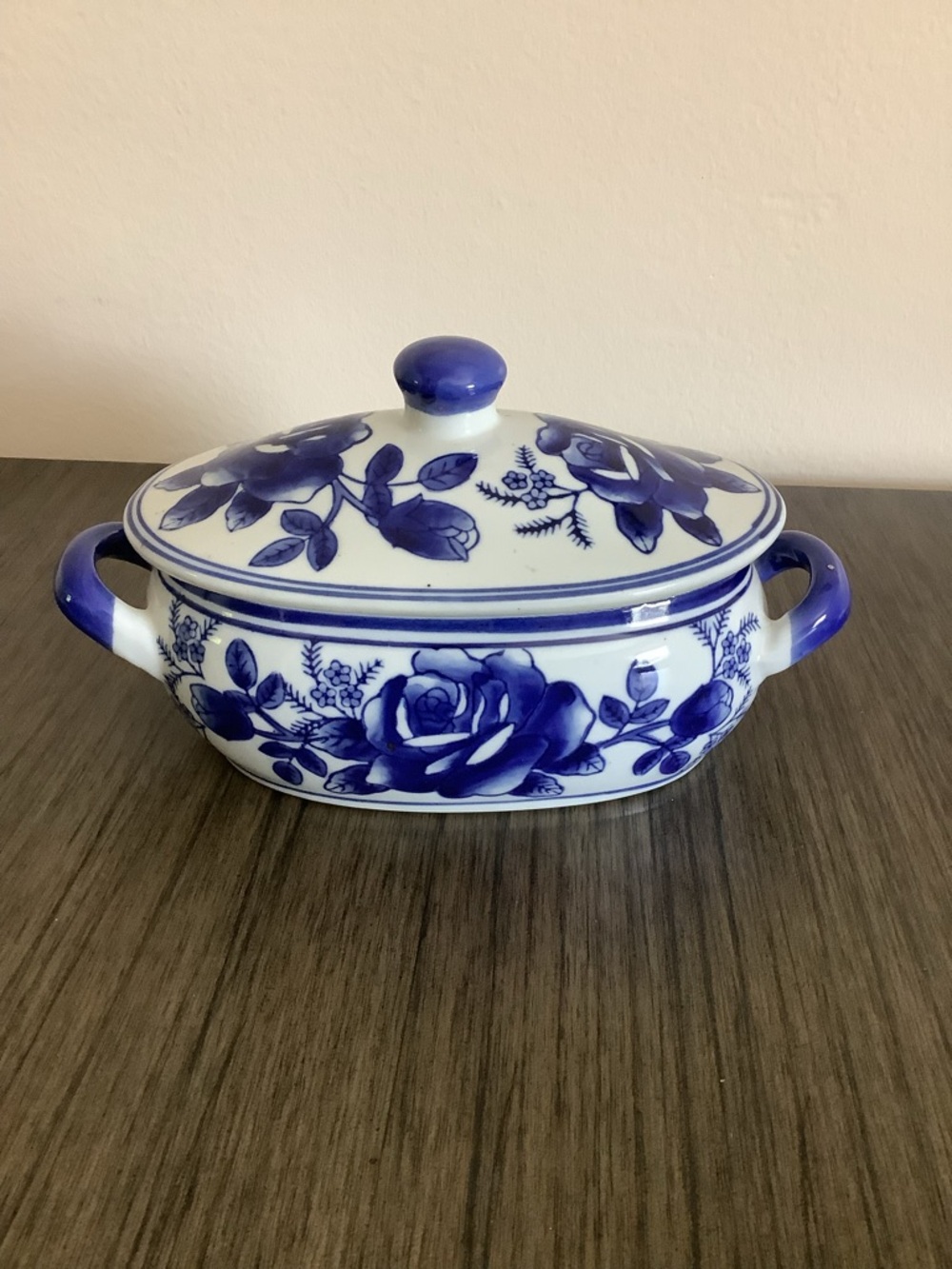 Vintage Asian Blue And White Rose  Southern Art Pottery Oval Covered Bowl